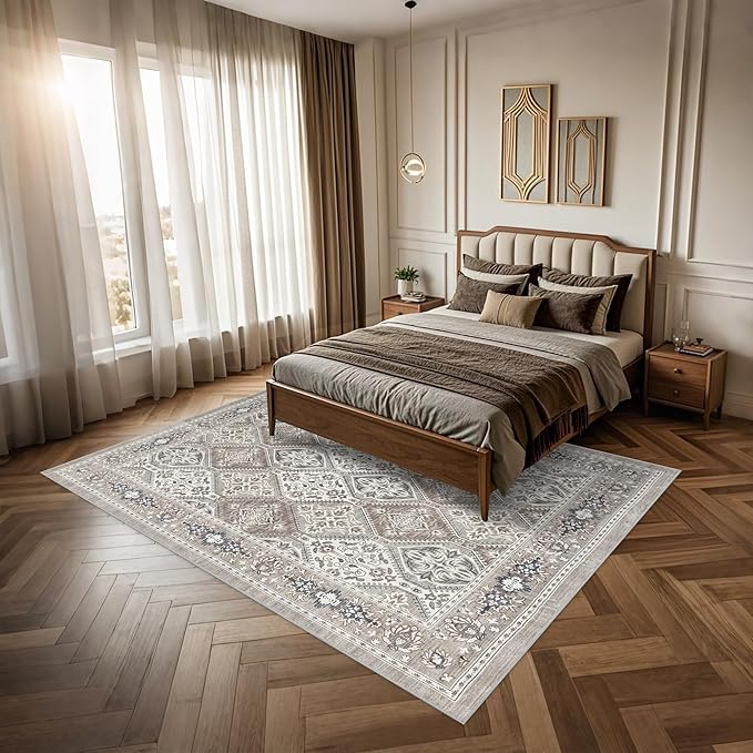 Area Rug for Living Room - 6x9 Vintage Taupe Neutral Washable Rug for Bedroom Dinning Room - Soft Low-Pile Oriental Carpet Non-Slip Tan Rugs for Office - Soft Brown