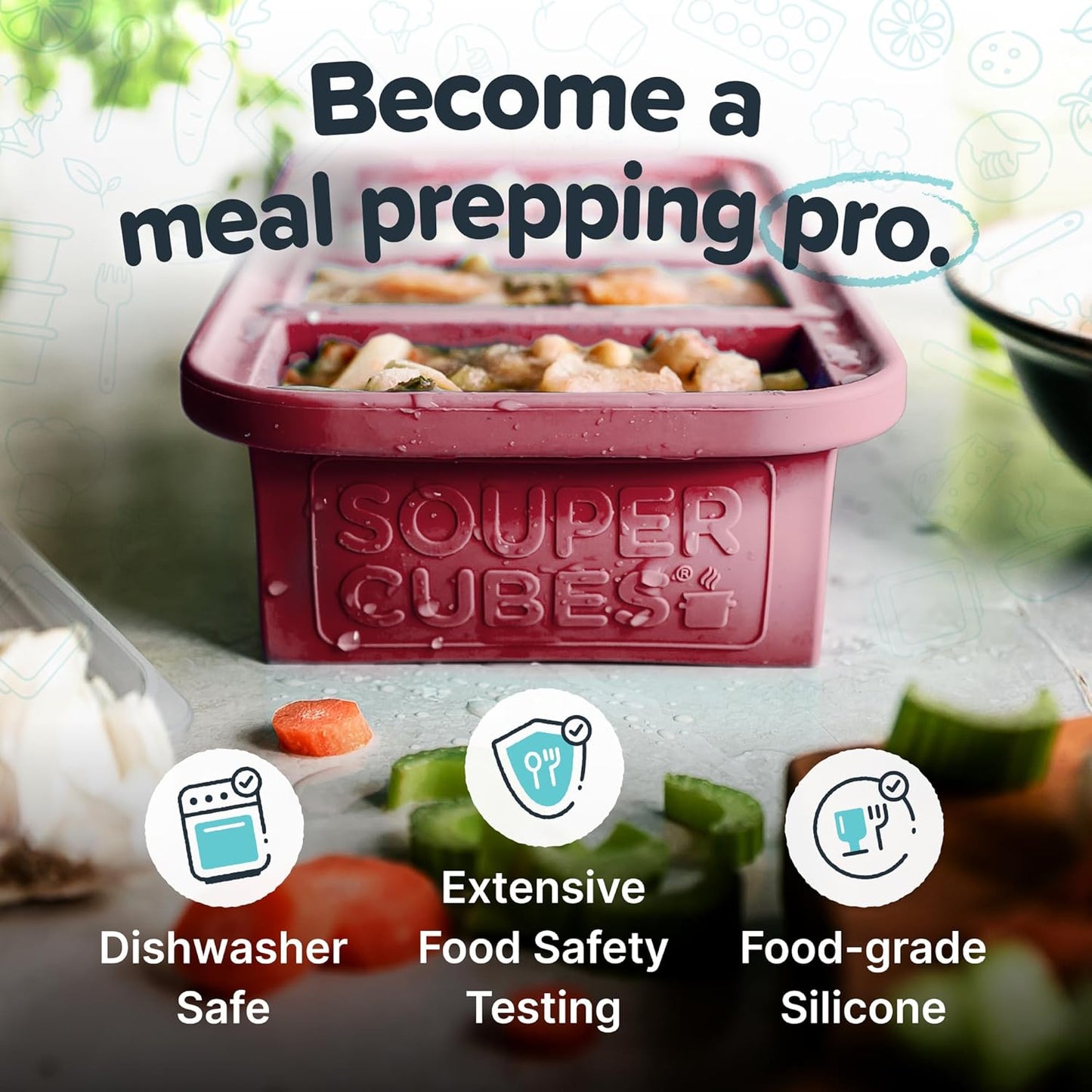 Souper Cubes 1 Cup Silicone Freezer Tray with Lids, Perfect for Storing Broth, Leftovers, Rice, Sauce and More, Silicone Soup Freezer Molds for Meal Prepping - Cranberry - 2-Pack