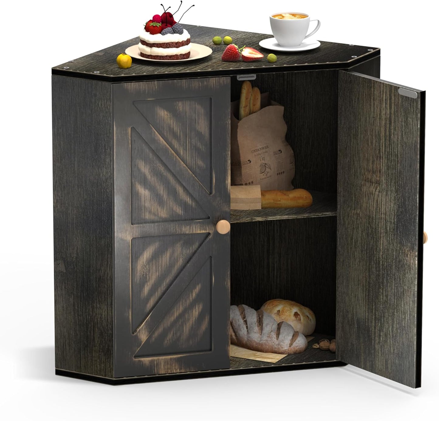 Corner Bread Box for Kitchen Counter Double Layer Bamboo Bread Storage Container Large Capacity Bread Storage Bin Farmhouse Breadbox Organizer (Antique Black)