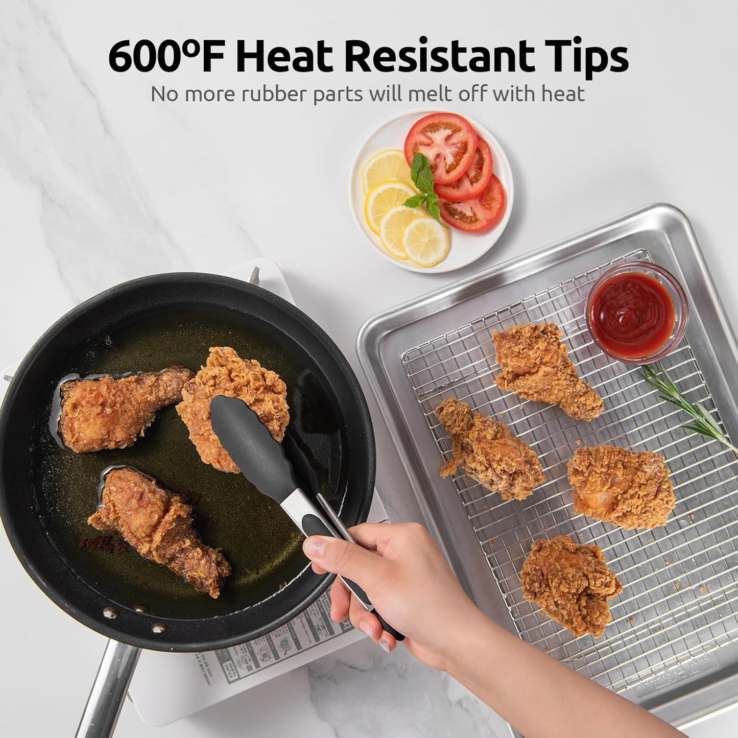 600ºF Heat Resistant Kitchen Tong: U-Taste 7 inch Silicone Cooking Tong with Firm Sealed Non Stick Rubber Tips & Silicon Coated 18/8 Stainless Steel Handle & Smooth Locking for Serving Salad (Black)