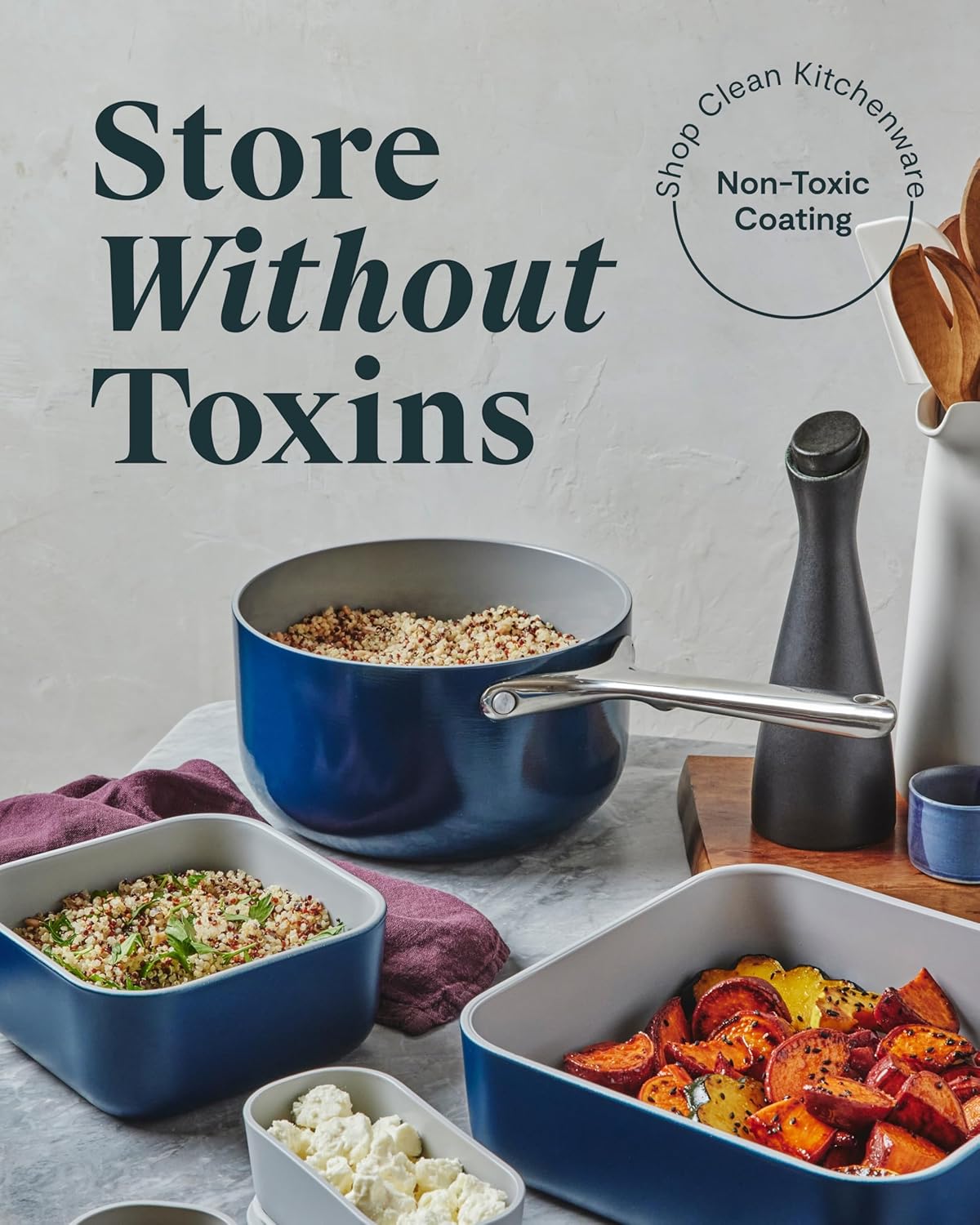 Caraway 6pc Glass Food Storage Set – 10 Cup Food Containers (6) - Ceramic Coated - Non Toxic, Non Stick with Lids - Microwave Safe - Sage