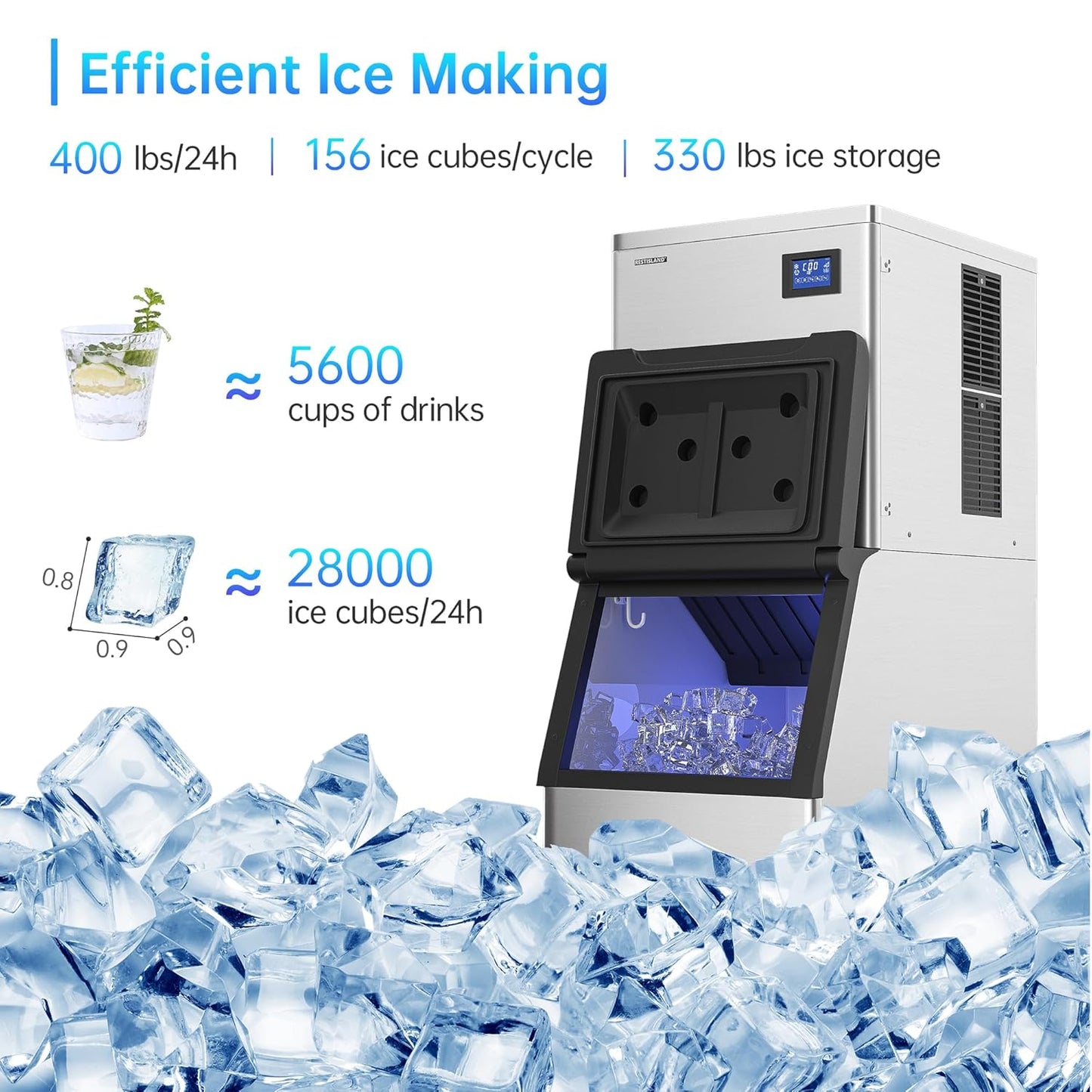 Commercial Ice Maker Machine, 400 lbs /24 h, 330 lbs Storage Bin, Stainless Steel, Automatic Cleaning, Blue Ray, Perfect for Bar or Business, Includes Ice Shovel, Connection Hose