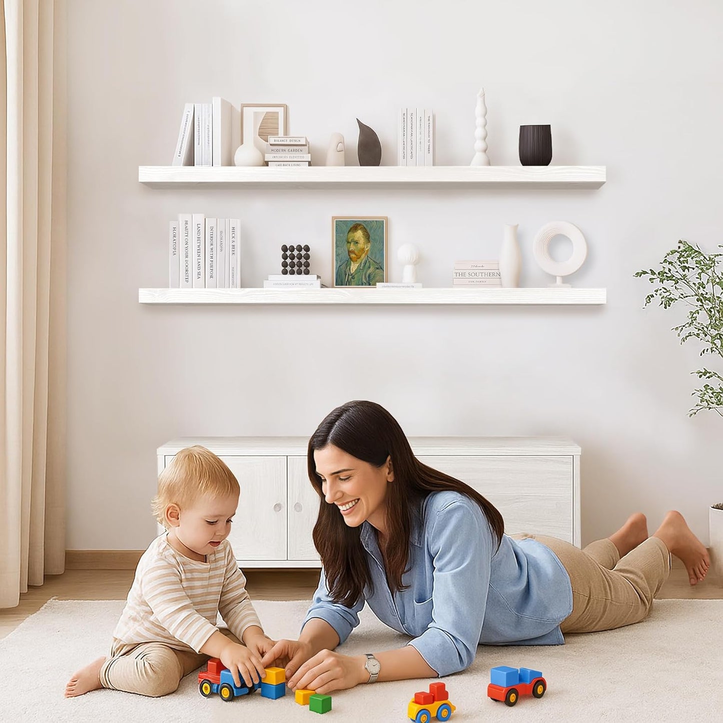 Rustic Floating Shelves 72 inch Long 8 "deep Set of 2, Heavy Duty Wood Wall Mounted Shelves for Bathroom Living Room Kitchen,Book Shelves with Thickened Hidden Bracket- White