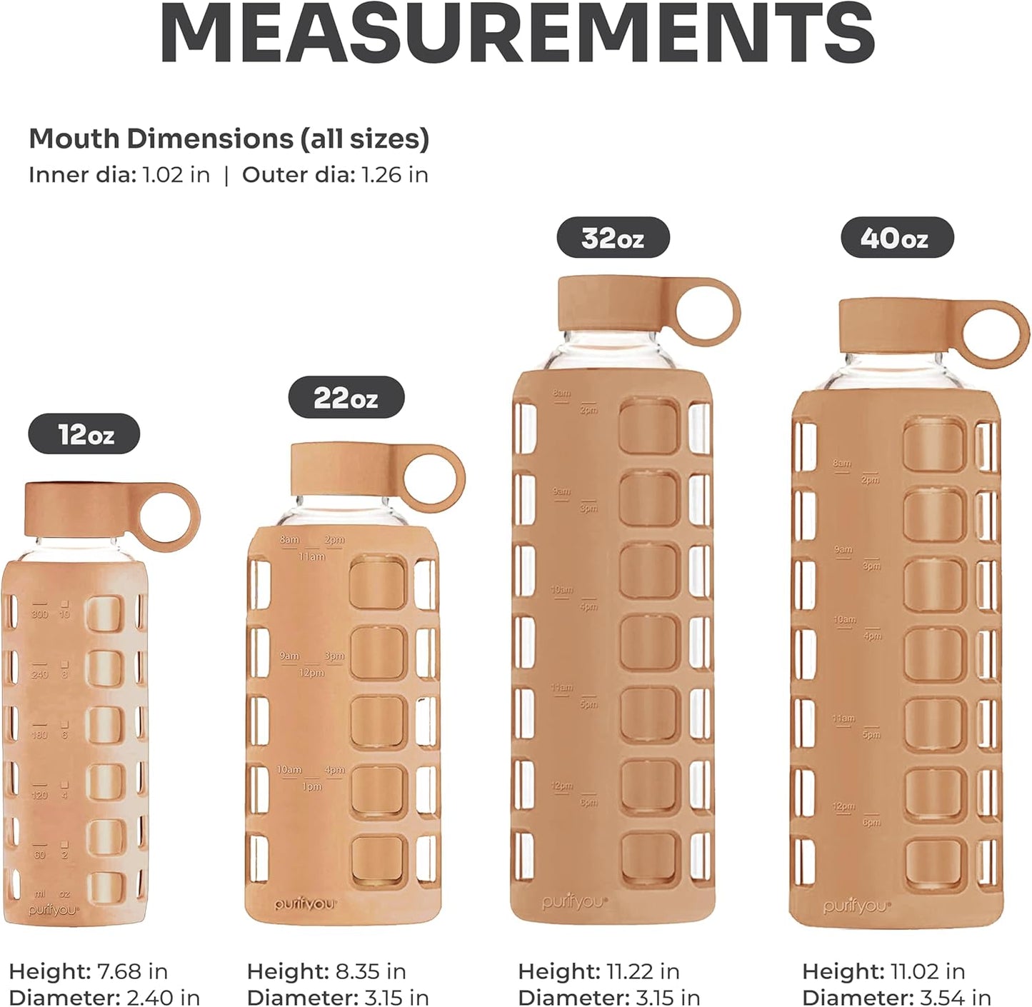purifyou 40oz / 32oz / 22oz / 12oz Borosilicate Glass Water Bottle with Time & Volume Markers, Silicone Sleeve, Stainless Steel Lid – Reusable Glass Bottle for Water & Juice (22oz Iced Coffee)
