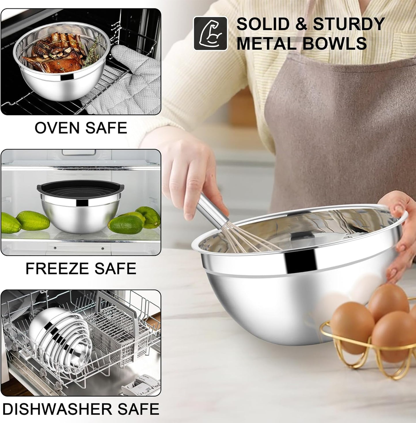 E-far Mixing Bowls with Lids Set, 7-Piece Stainless Steel Metal Mixing Bowls with 3 Grater Attachments, Size 4.6, 3.5, 2.6, 2, 1.5, 1, 0.7QT, Nesting Design & Black Airtight Lids, For Baking/Cooking
