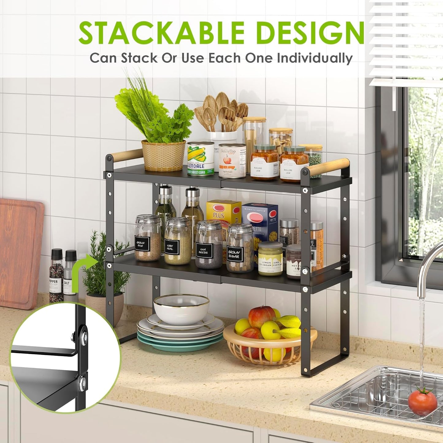 DOLALIKE Expandable kitchen Countertop Organizer, Stackable Cabinet Shelf Organizers, Space Saving Spice Rack Pantry Storage for Bathroom Office Organization (6.9''D*13-19.7''W*7.9''H, Black)