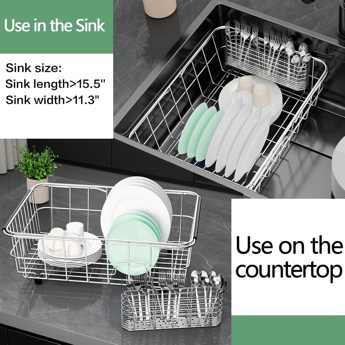 Large Dish Drainer Rack in Sink Adjustable, Expandable 304 Stainless Steel Metal Dish Drying Rack Organizer with Stainless Steel Utensil Holder Over Inside Sink Counter, Rustproof