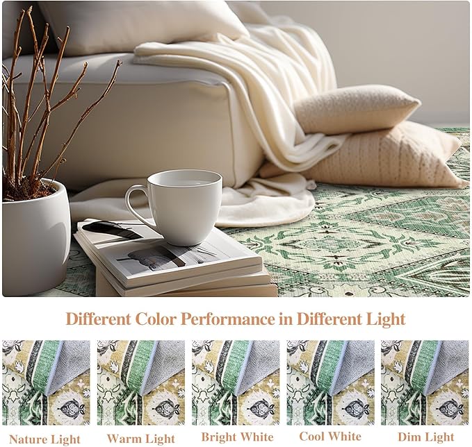 Area Rug for Living Room - Vintage Indoor Machine Washable Rug for Bedroom Dinning Room Floor - Soft Low-Pile Carpet Non-Slip Backing Floral Rugs Office (Green, 8' × 10')