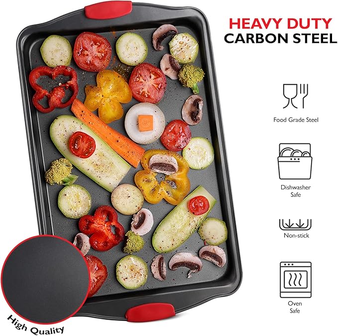 Baking Sheet Set, 3-Piece Cookie Sheet Set with Silicone Handles, Steel Baking Pans Set, Durable Baking Sheets for Oven, BPA Free Cookie Sheets for Baking Nonstick Set, Sheet Pan - Black Baking Pan