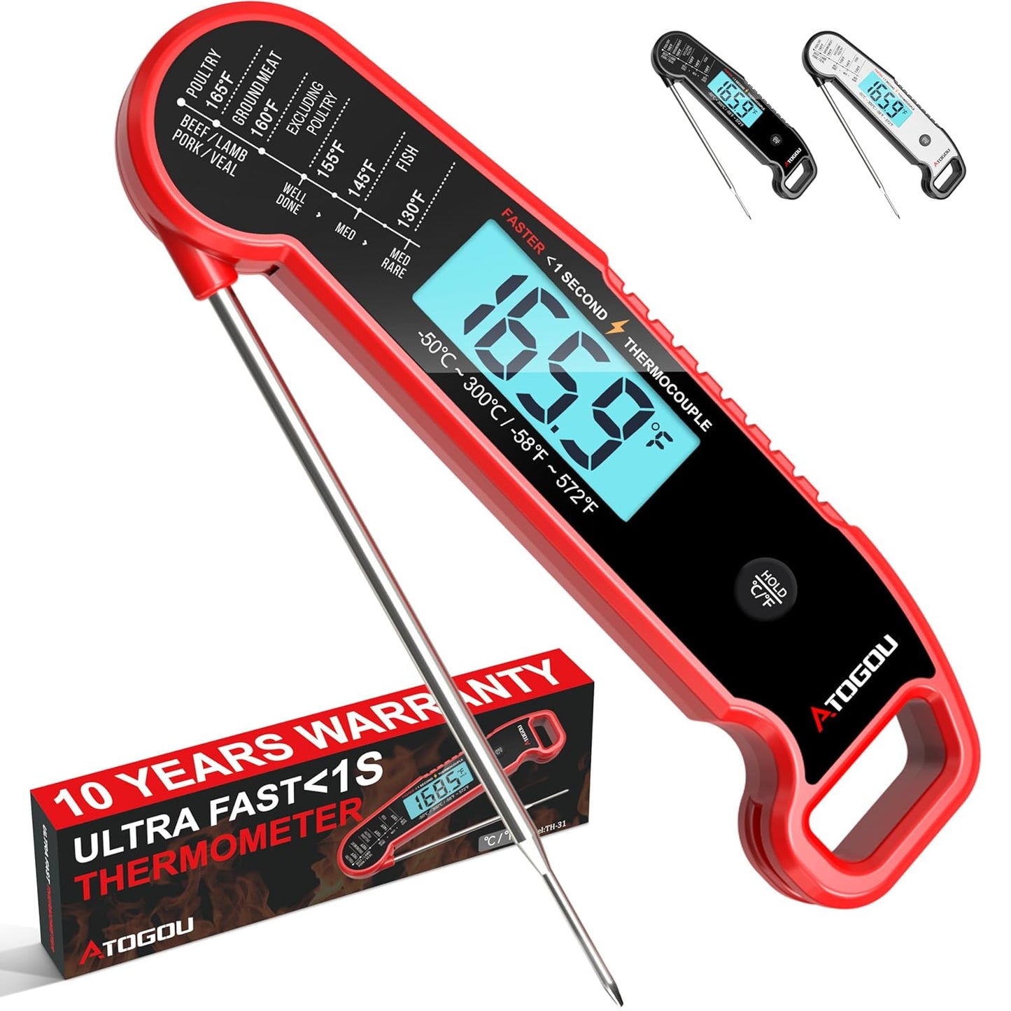 Professional Food & Meat Thermometer, 1 Sec Instant Read & ±0.5℉ Accuracy Driven by Thermocouple Sensor. IP67 Waterproof Digital Thermometer for Cooking, BBQ, Grill Gifts for Men Him Dad Birthday