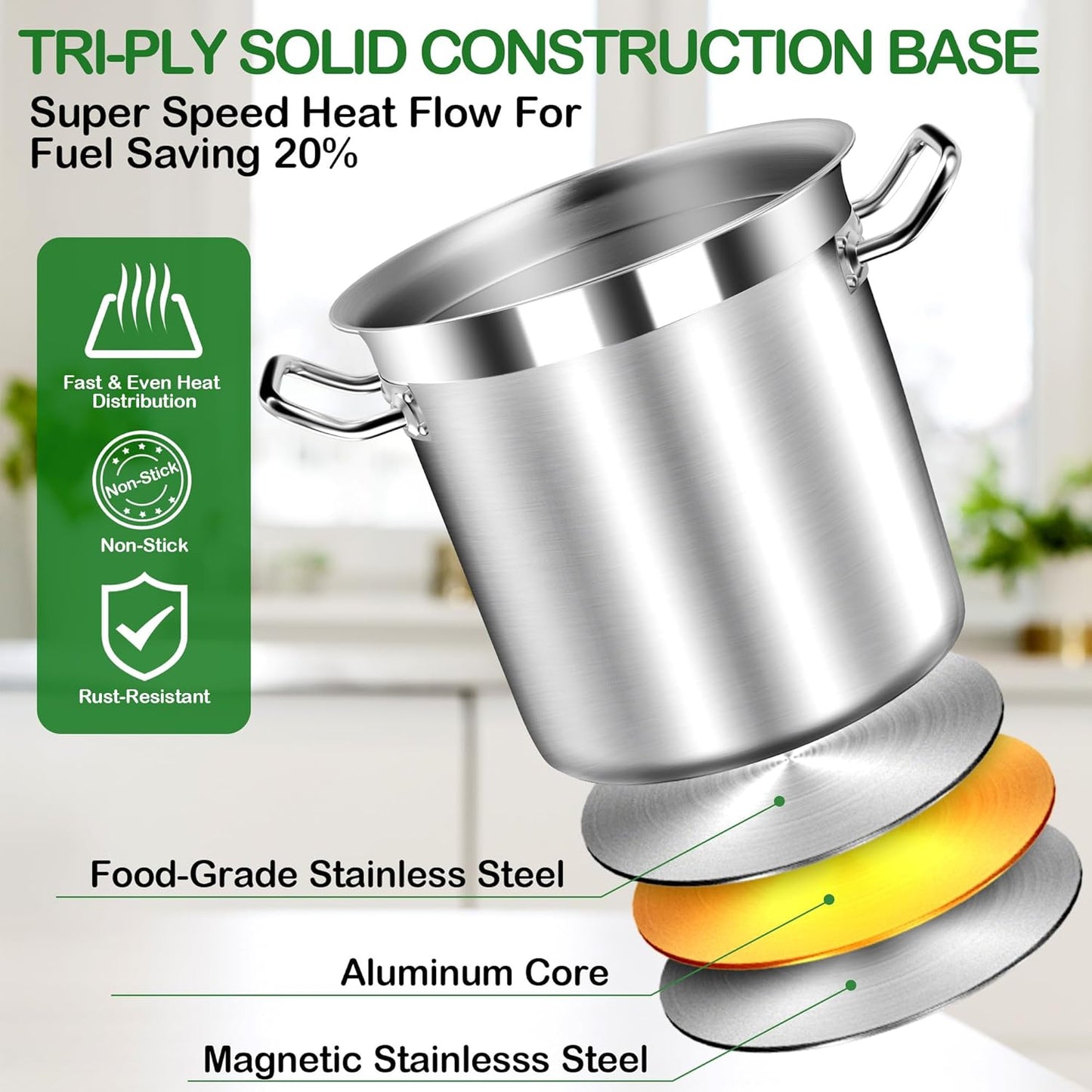 Extra-Large Stainless Steel Stock Pot – Commercial Heavy Duty Soup Pot with Lid, 3-Ply Base for Fast Heating, Ideal for Seafood Boils and Outdoor Cooking - 100 Quart