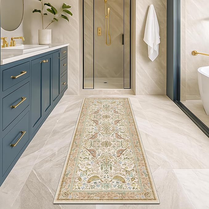 Boho Bathroom Runner Rug 2x5 - Floral & Bird Runner Rug for Kitchen Floor, Hallway, Laundry Room, Bedroom, Entrance, Beige Neutral Vintage Decor, Washable Non Slip Low Pile