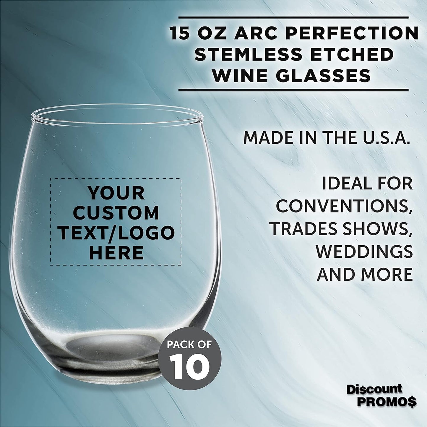 Custom Stemless Wine Glasses in Bulk by ARC Perfection, 15 oz, 10 pack, Personalized Text, Logo, Red or White Wine Glass Set, Black