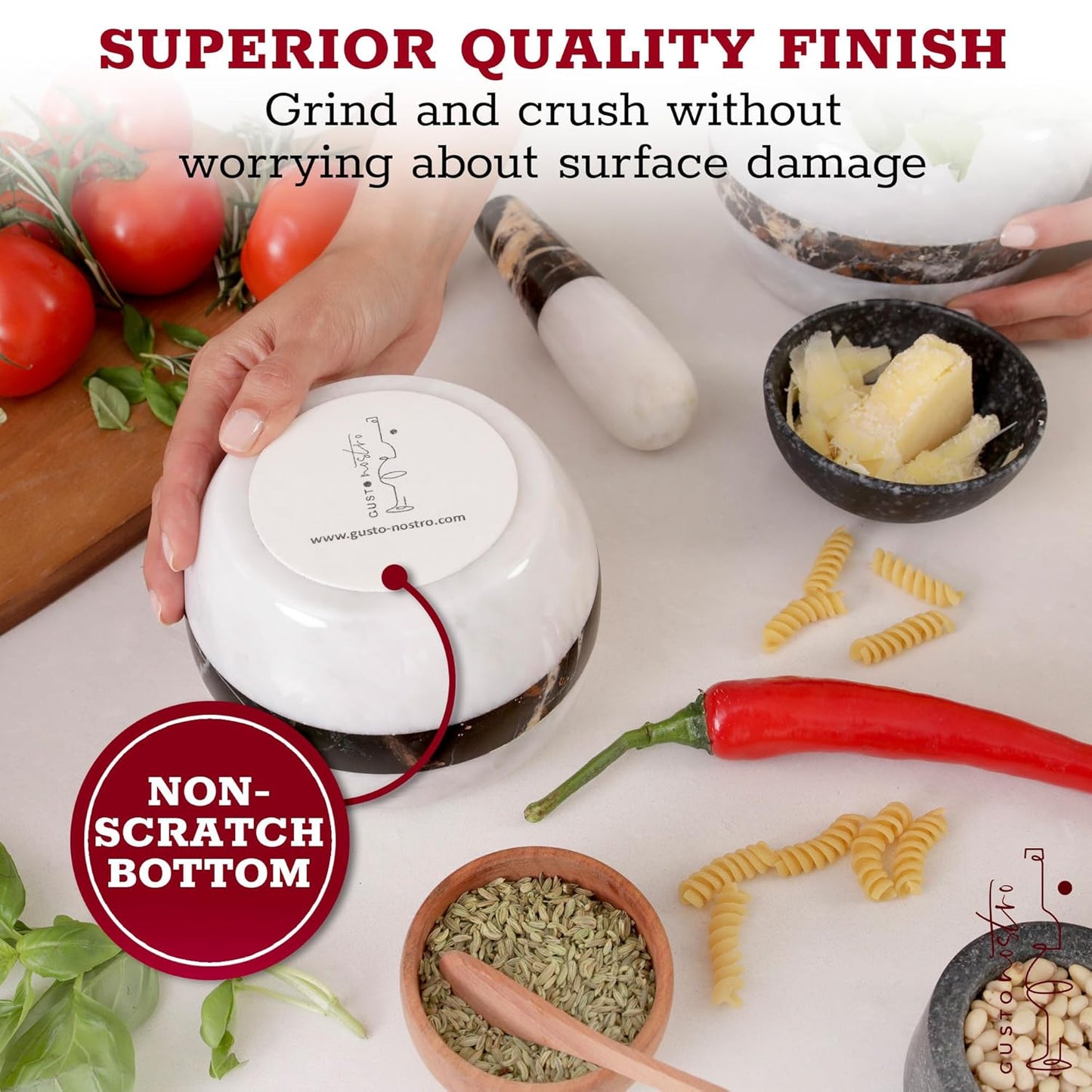 Gusto Nostro Natural Marble Mortar and Pestle Set | 6 Inch - 3.5 Cup Extra Large Mortar Pestle Set for Grinding Herbs, Nuts, Grains | Pesto Grinding and Guacamole Stone Bowl | Marble Spice Crusher