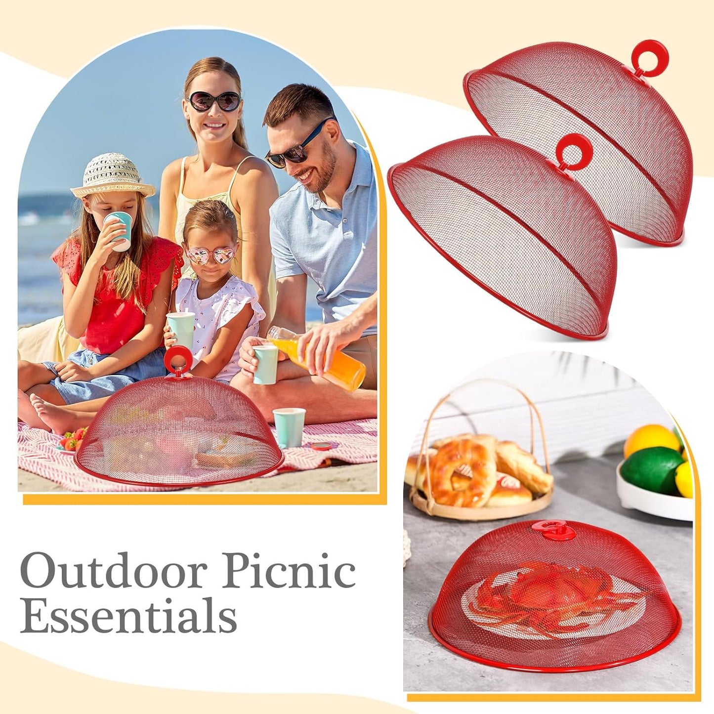 Gerrii 6 Pcs Metal Mesh Food Cover Outdoor Mesh Food Tents Dome Screen Plate Covers for Dinner Plates Reusable Fruit Fly Nets Picnic Food Umbrella for Table, BBQ, Camping, Party (Red,11 Inch)