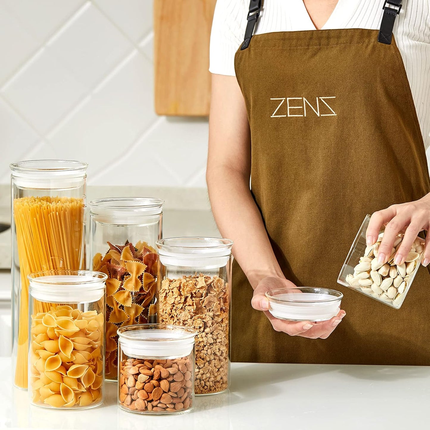 ZENS 10oz Glass Jars with Airtight Lid, 4 Pack Glass Kitchen Canisters Set for Spice, Loose Tea, Small Clear Glass Storage Jars with Labels for Herbs, Sugar