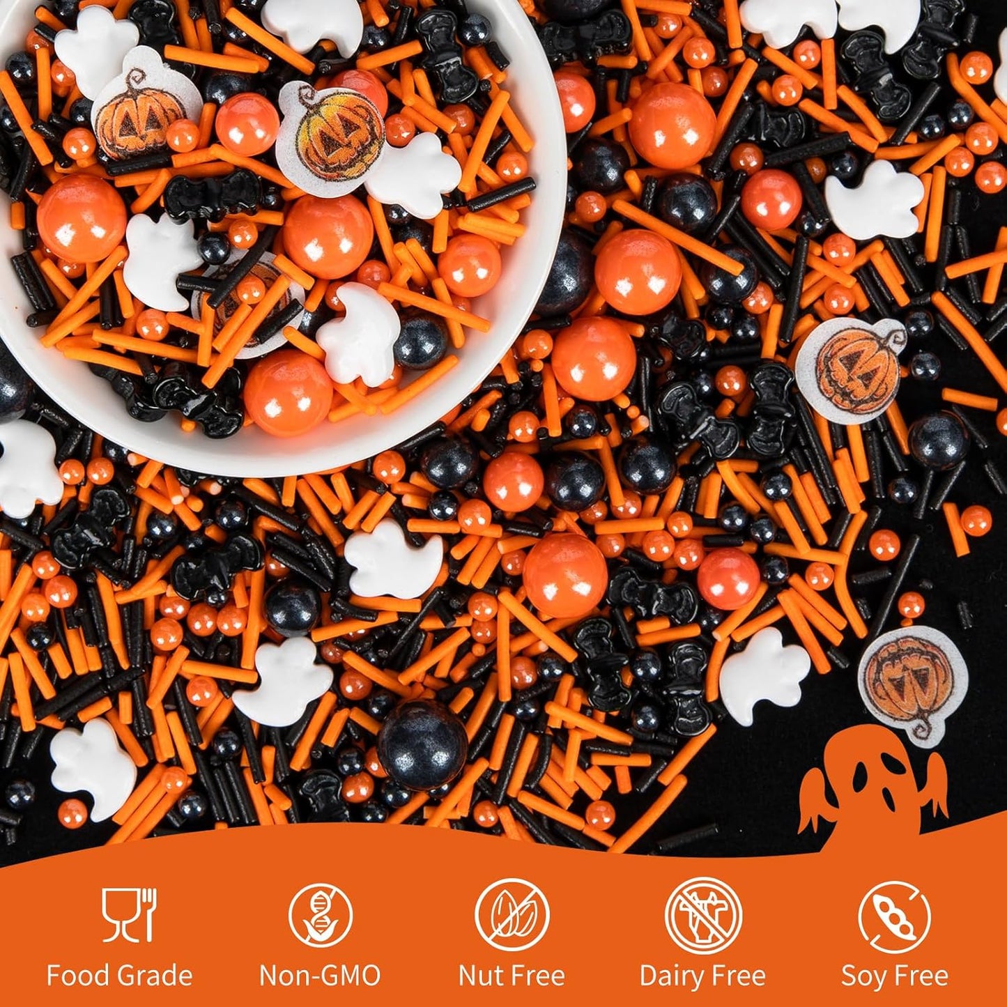 Edible Halloween Pumpkin Sprinkles,Orange Pearls Mix White Ghost,130g/4.58oz,Black Bat Monster,Pearls and Jimmies Mixed,Perfect for Cake Decorations, Baking, Ice Cream, Cookies, Cupcake Topper,Halloween Supplies Children's Party