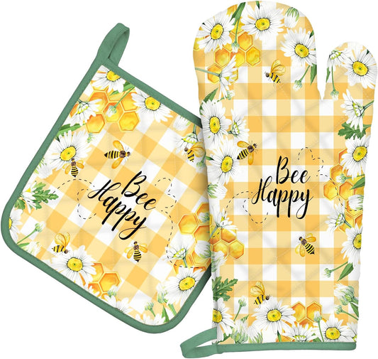 Bee Daisy Oven Mitts and Pot Holders Sets 100% Cotton Heat Resistant, Extra Long Oven Gloves Potholder for Kitchen Cooking Baking Housewarming