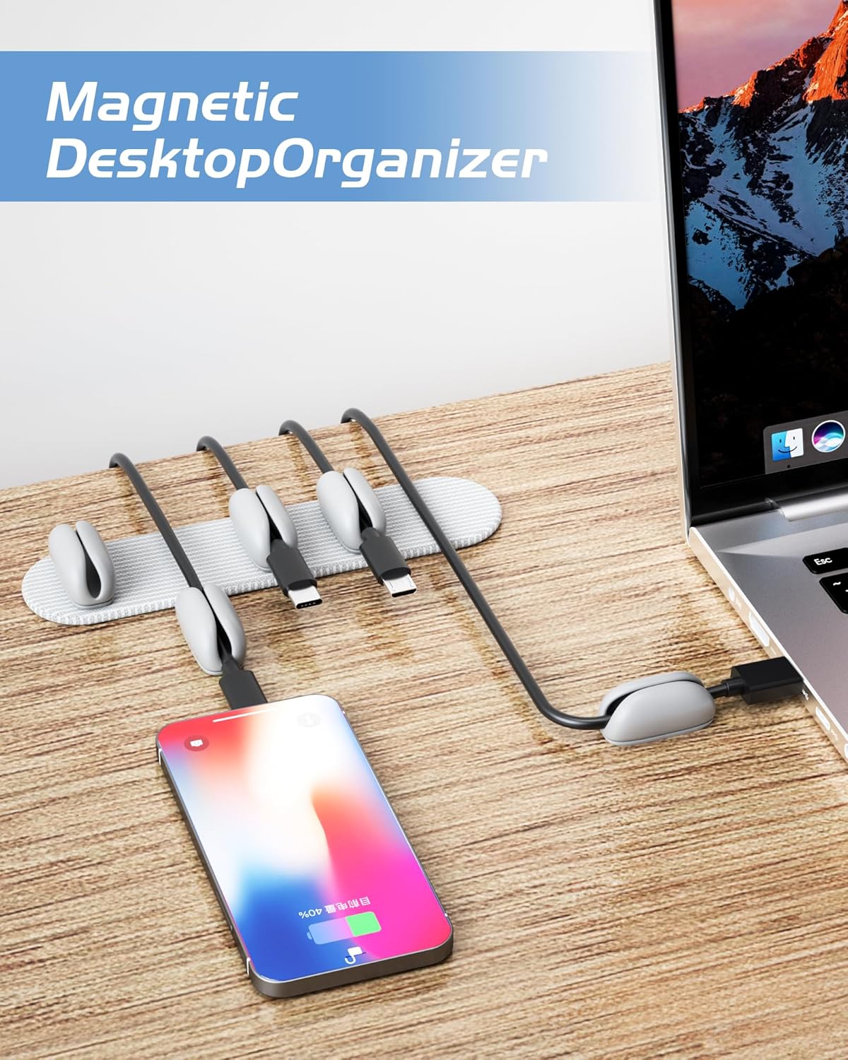 5-Pack Magnetic Cable Clips Cord Organizer - Smoothly Adjustable, Puretor Desk Cable Management Clips. Ideal Wire Holders for Desktop, Nightstand, Wall - Perfect for Home Office, Phone, Car (Grey)