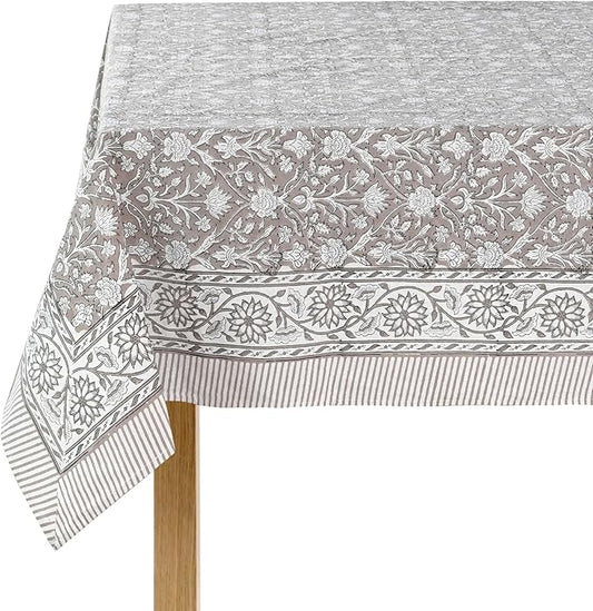 Ridhi Taupe Hand Block Print Cotton Rectangle Tablecloth 190 x 72 inches Reusable Table Cover Decorative Everyday Use for Dining Room, Farmhouse, Home, Party, Festive & Wedding, Fall