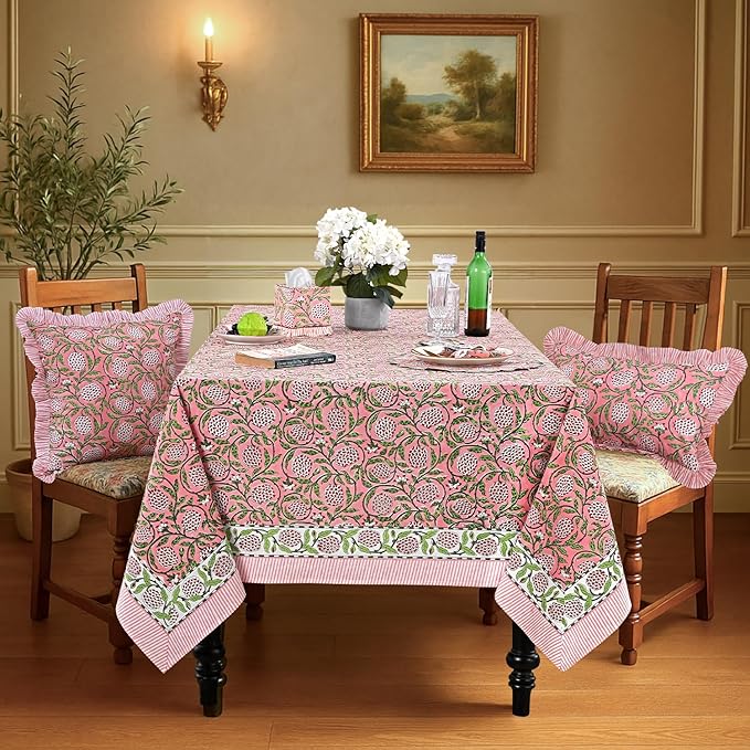 Ridhi Strawberry Pink Hand Block Print Cotton Rectangle Tablecloth 120 x 60 inch-Reusable Table Cover Decorative Everyday Use for Dining Room, Farmhouse, Thanksgiving, Christmas Wedding, Fall