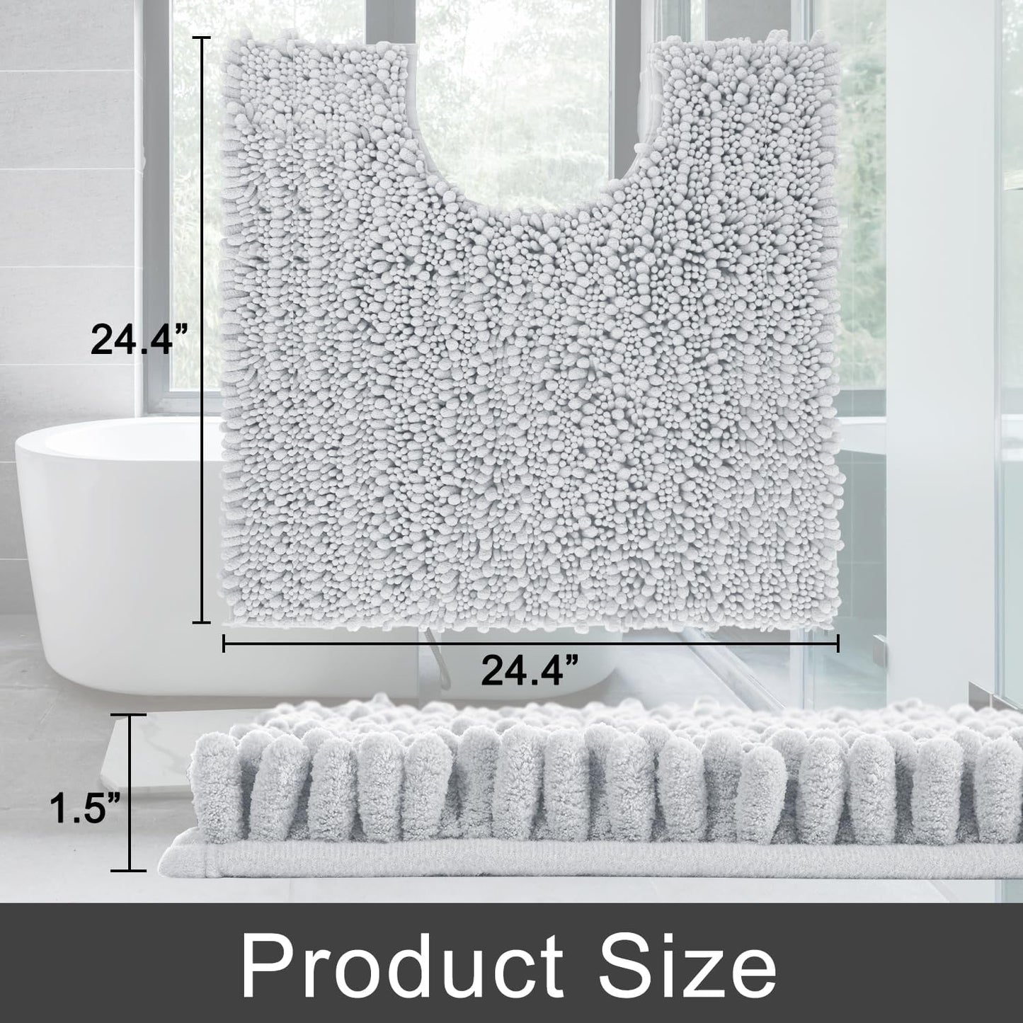 Yimobra Toilet Rug U Shaped Washable 24x20 Inch - Ultra Soft Absorbent Chenille Bath Rugs for Toilet, Quick Dry & Machine Washable, Non Slip Contour Bathroom Mat, Silver