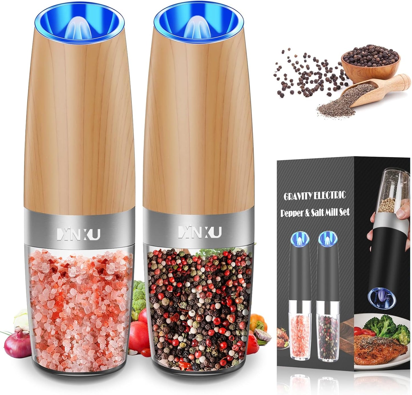 XinXu Gravity Electric Pepper and Salt Grinder Set, Automatic Mill Grinder Shaker,Battery-Operated, Adjustable Coarseness, Stainless Steel, LED Light, One Hand Operated,Wood Grain