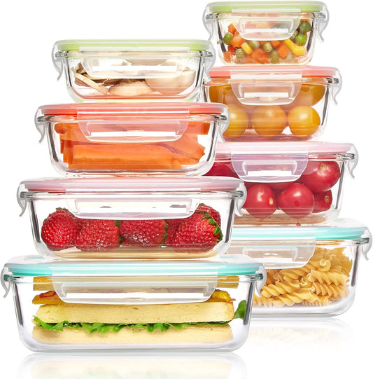 Vtopmart 8 Pack Glass Food Storage Containers with Airtight Lids, Glass Meal Prep Containers, Lunch Containers for Microwave, Oven, Freezer and Dishwasher, BPA Free