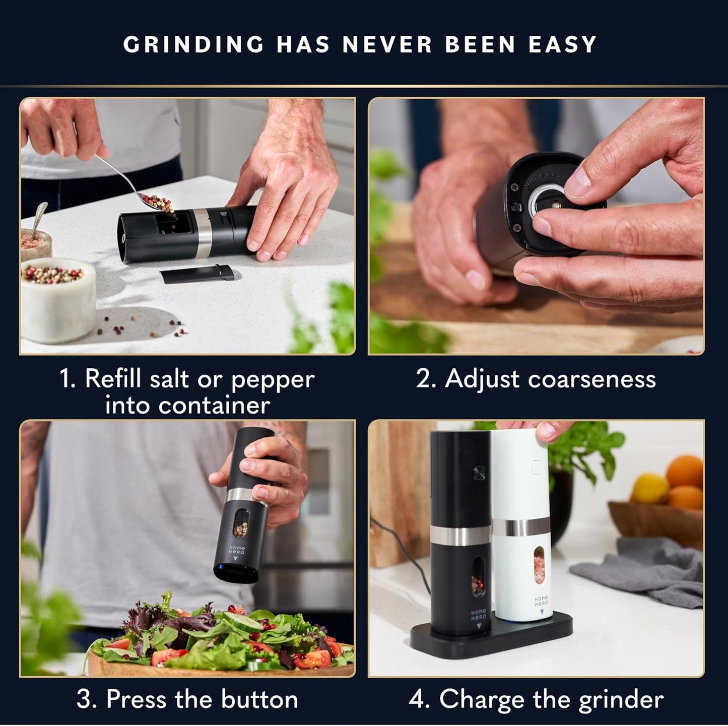 Home Hero Electric Salt and Pepper Grinder Set - Automatic Salt and Pepper Grinder Set Rechargeable. Electronic Salt and Pepper Shakers with LED Light, Electric Pepper Grinder & Salt Grinder, Set of 2