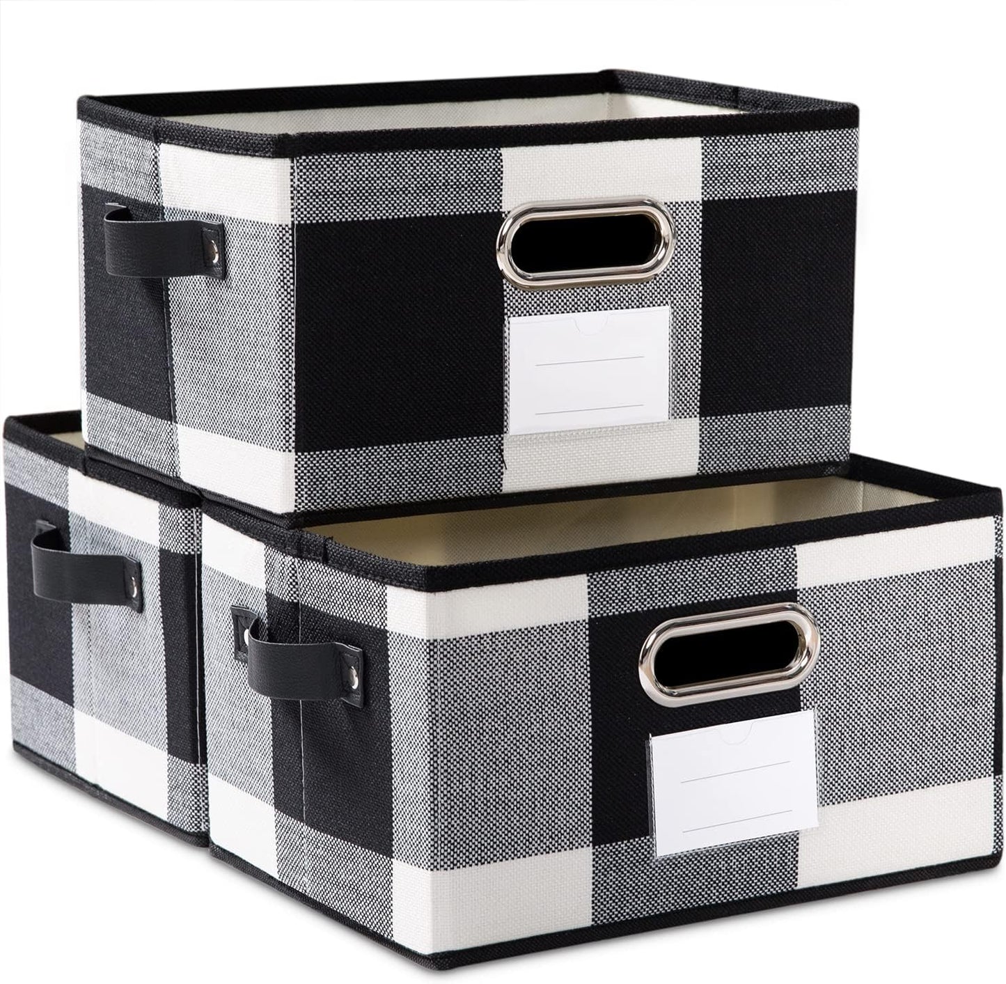 PRANDOM Large Collapsible Storage Baskets for Closet [3-Pack] Decorative Fabric Storage Bins Cubes with Leather/Metal Handles for Shelves Bedroom Living Room Black and White Grid (14.9x9.8x8.3 Inch)