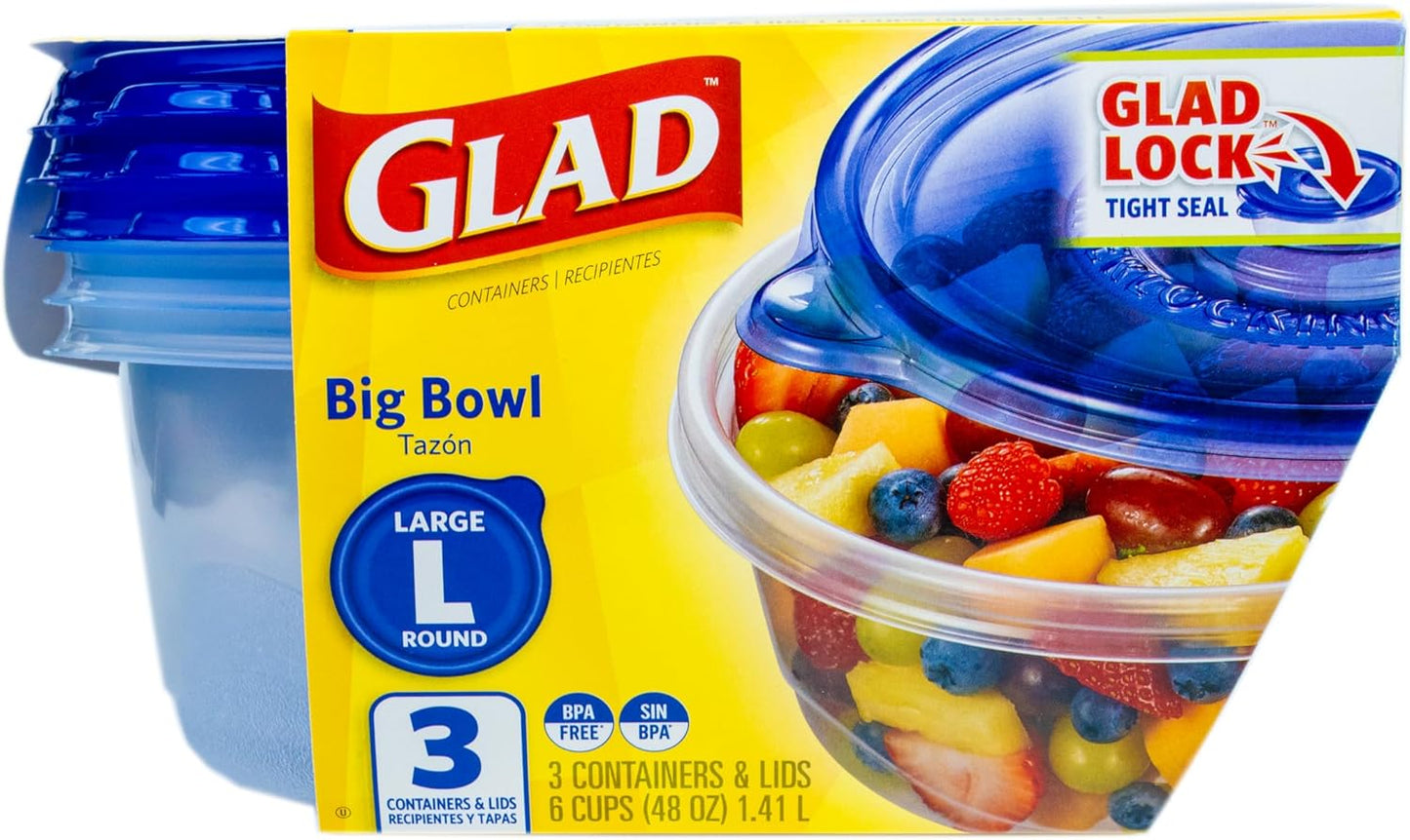 Glad GladWare Big Bowl Food Storage Containers, Large Round Bowl Holds 48 Ounces of Food Food Storage Containers for Everyday Use to Preserve Freshness, 3 Count
