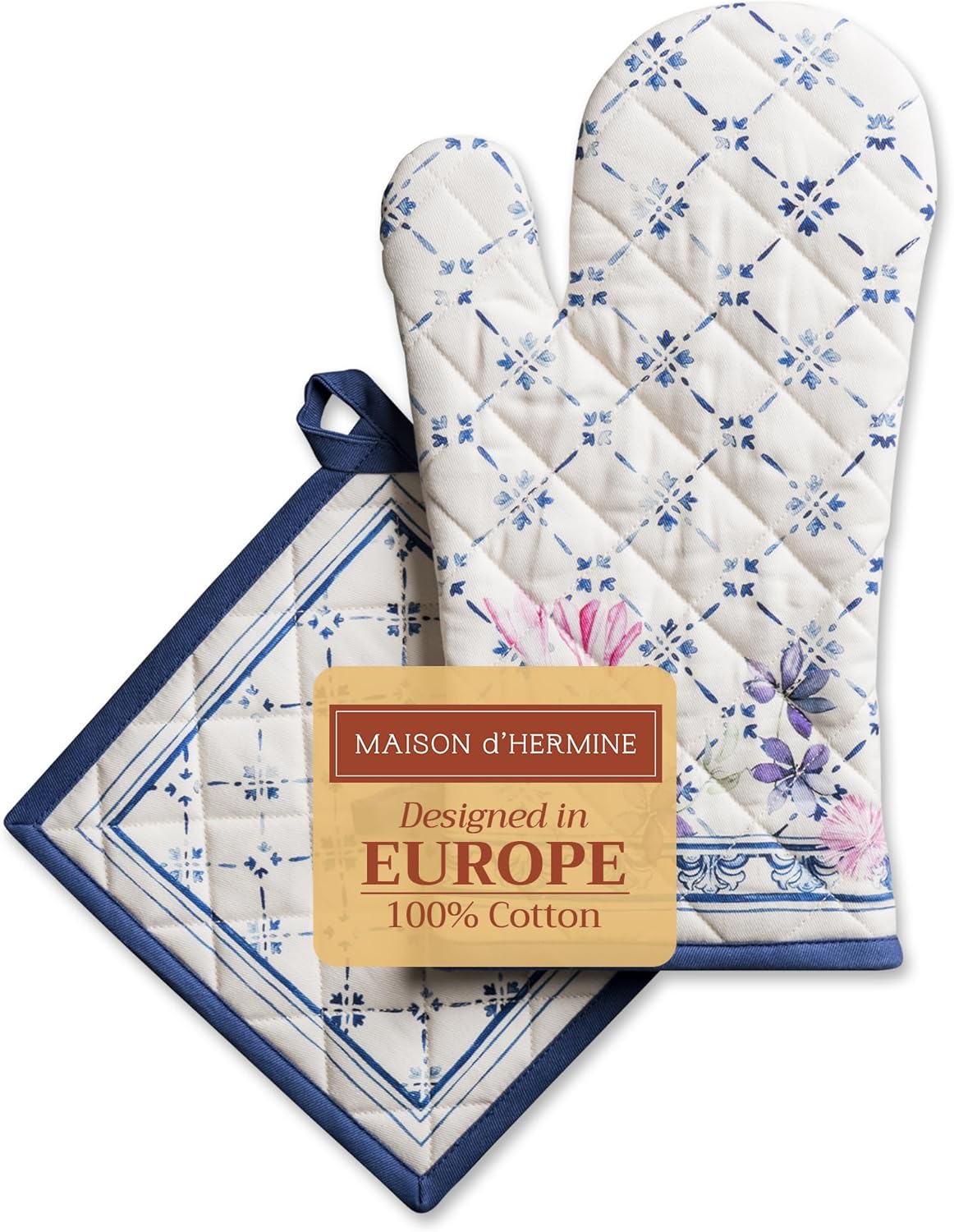 Maison d' Hermine 100% Cotton Oven Mitt & Pot Holder Set (7.5"x13" & 8"x8") Heat Resistant BBQ Cooking Gloves with Loop, Baking, Grilling, Kitchen, Handling Hot Pans Spring/Summer (Faience)