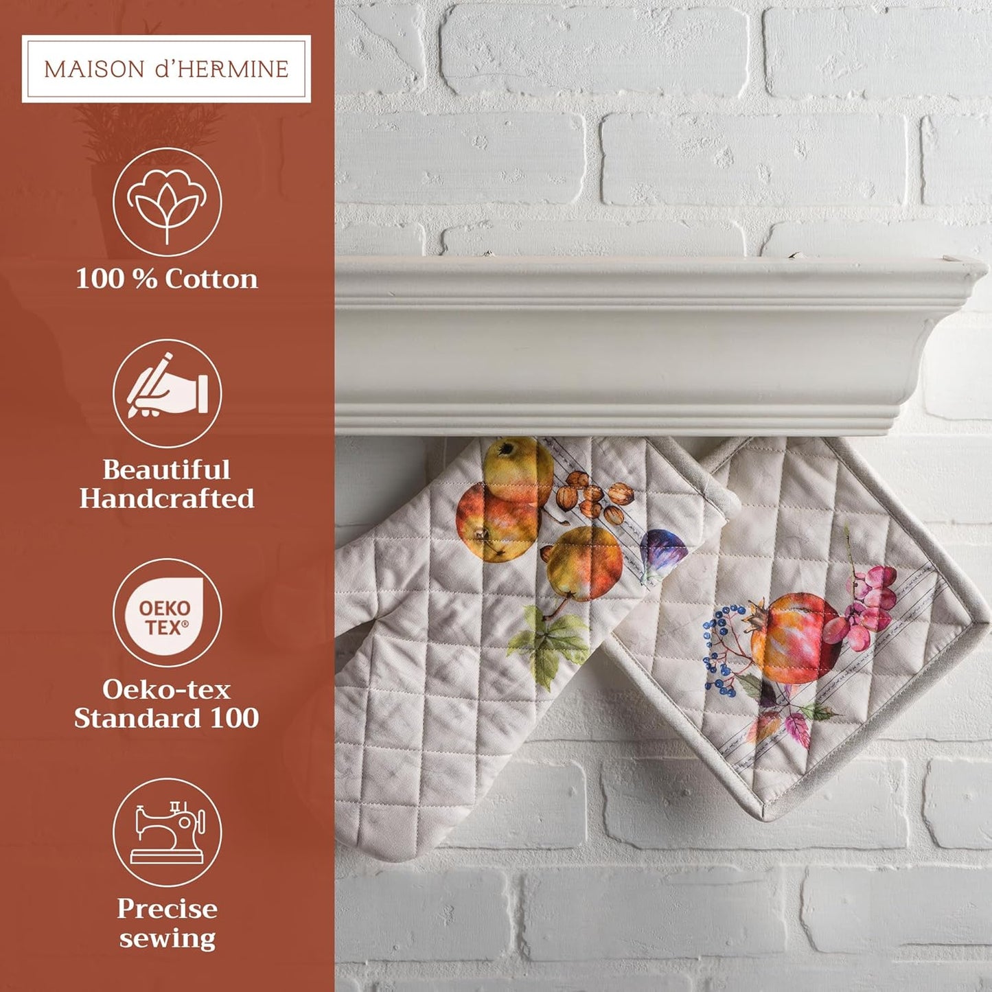 Maison d' Hermine 100% Cotton Oven Mitt & Pot Holder Set (7.5"x13" & 8"x8") Heat Resistant BBQ Cooking Gloves with Loop, Baking, Grilling, Kitchen, Handling Hot Pans (Fruit D'Hiver)