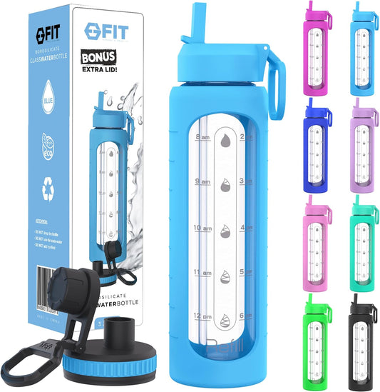 FIT Strong & Healthy 32 oz Glass Water Bottle with Straw Lid, Time Marker, Sleeve & Extra Lid - Motivational, Wide Mouth 1 Liter Glass Drinking Bottle