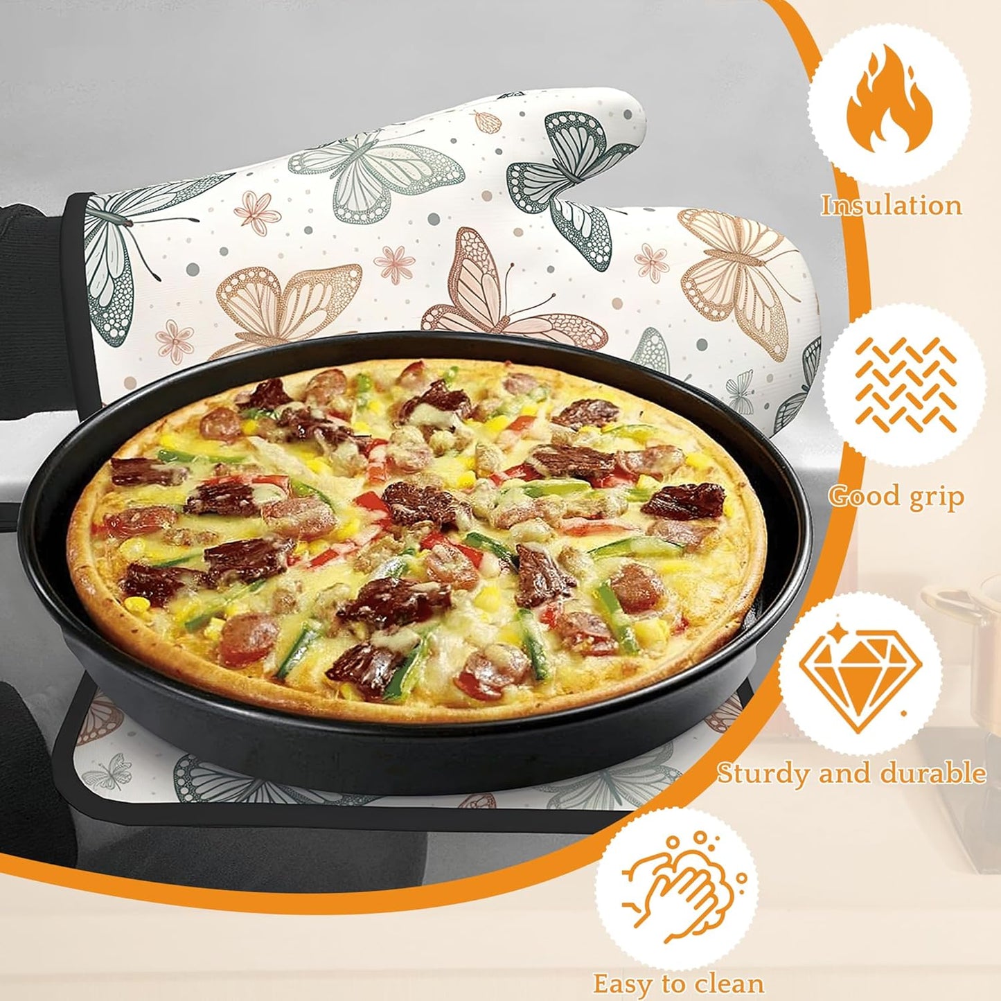 Butterfly Vintage Oven Mitts and Pot Holders Set,Boho Kitchen Decor Heat Resistant Non Slip Hot Pads and Oven Mitt for Chef Cooking Baking BBQ Mom Girl Gifts(4 Piece Set)