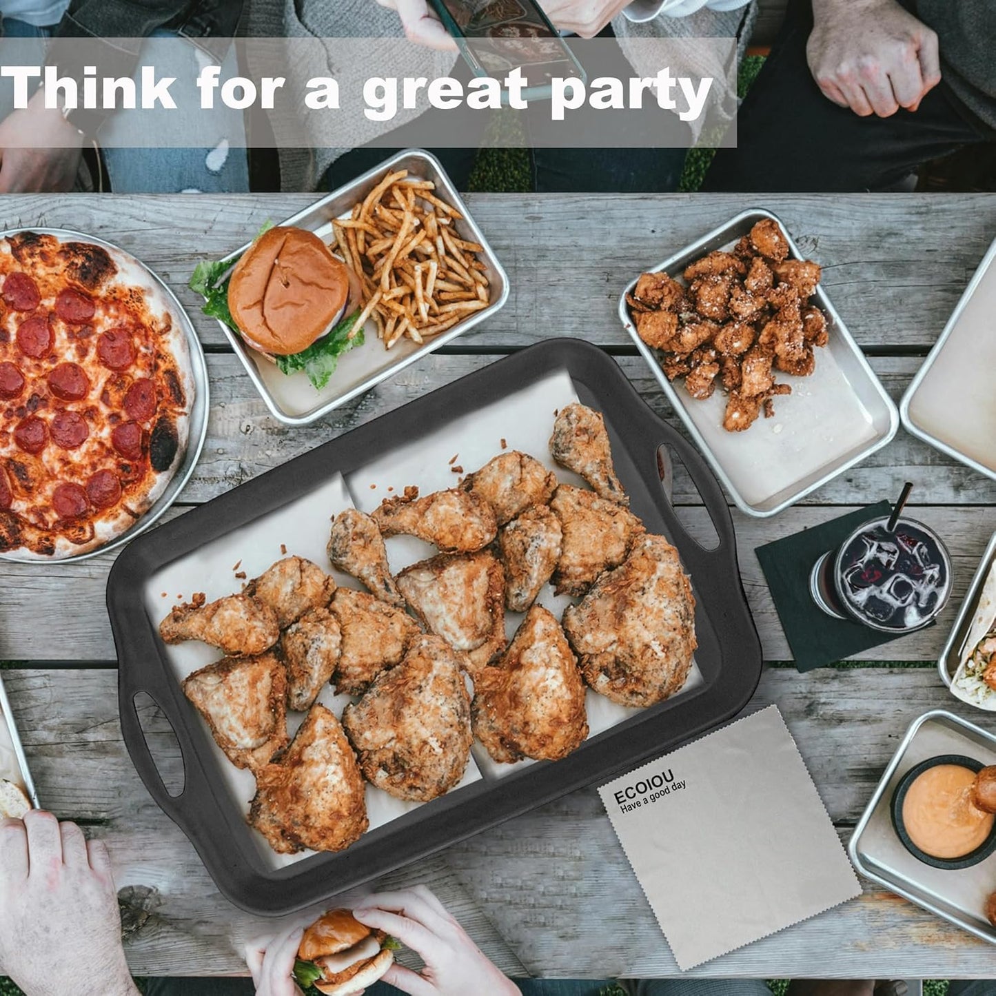 Extra Large Serving Tray with Handles, 20x13 inch, Set of 2 Melamine Platters for Serving Food, Turkey, Cookie, Rectangular Trays for Eating, Raised Dots Matt Finished, Dishwasher Safe, Black