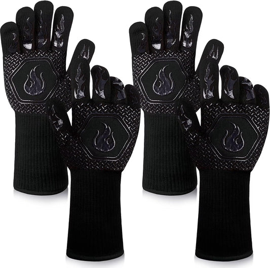 BBQ Fireproof Gloves, Grill Cut-Resistant Gloves 1472°F Heat Resistant Gloves, Non-Slip Silicone Oven Gloves, Kitchen Safe Cooking Gloves for Oven Mitts,Barbecue,Cooking, Frying, Black（2 Pairs）