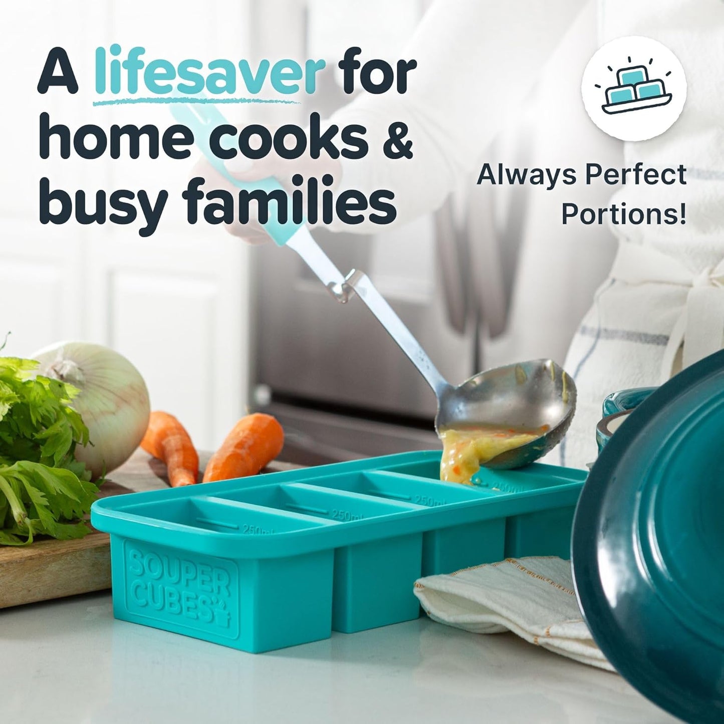 Souper Cubes 1 Cup Silicone Freezer Molds - Soup Cubes Perfect for Freezing Broth, Rice, Leftovers and More - Silicone Freezer Trays with Lids for Meal Prep - Aqua - 1-Pack