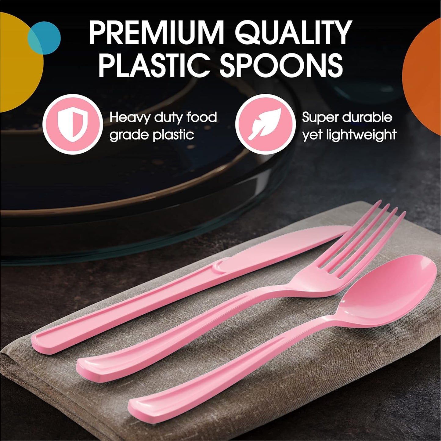Party Solids Pink Plastic Spoons - 200 Pcs Heavy Duty Disposable Cutlery Set