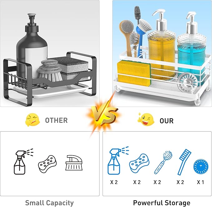 Cisily Sink Caddy Organizer, Kitchen Sink Accessories with Drip Tray, Rustproof and Non-Slip, White