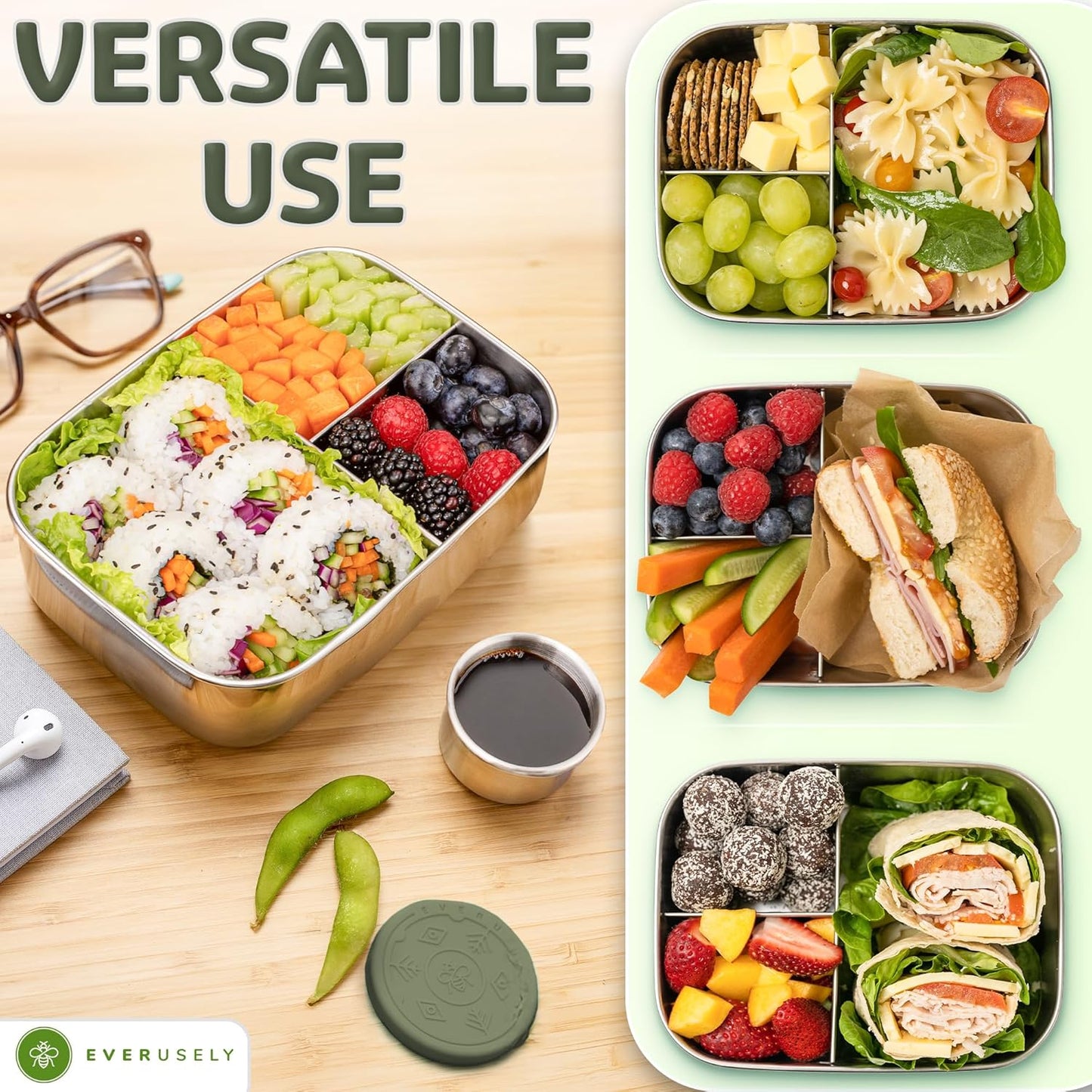 Everusely - Bento Box - Sage, 37oz / 1.1 L - Stainless Steel Lunch Box with Leakproof Condiment Container - 3 Compartment Snack Organizer for On the Go Meals - Freezer & Dishwasher Safe