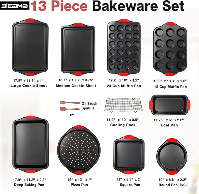 13-Piece Baking Pans Sets, Nonstick Bakeware Sets, BPA-Free Carbon Steel Stackable, Cookie Sheet, Cake, Loaf, Pizza & Muffin Pan, Grey