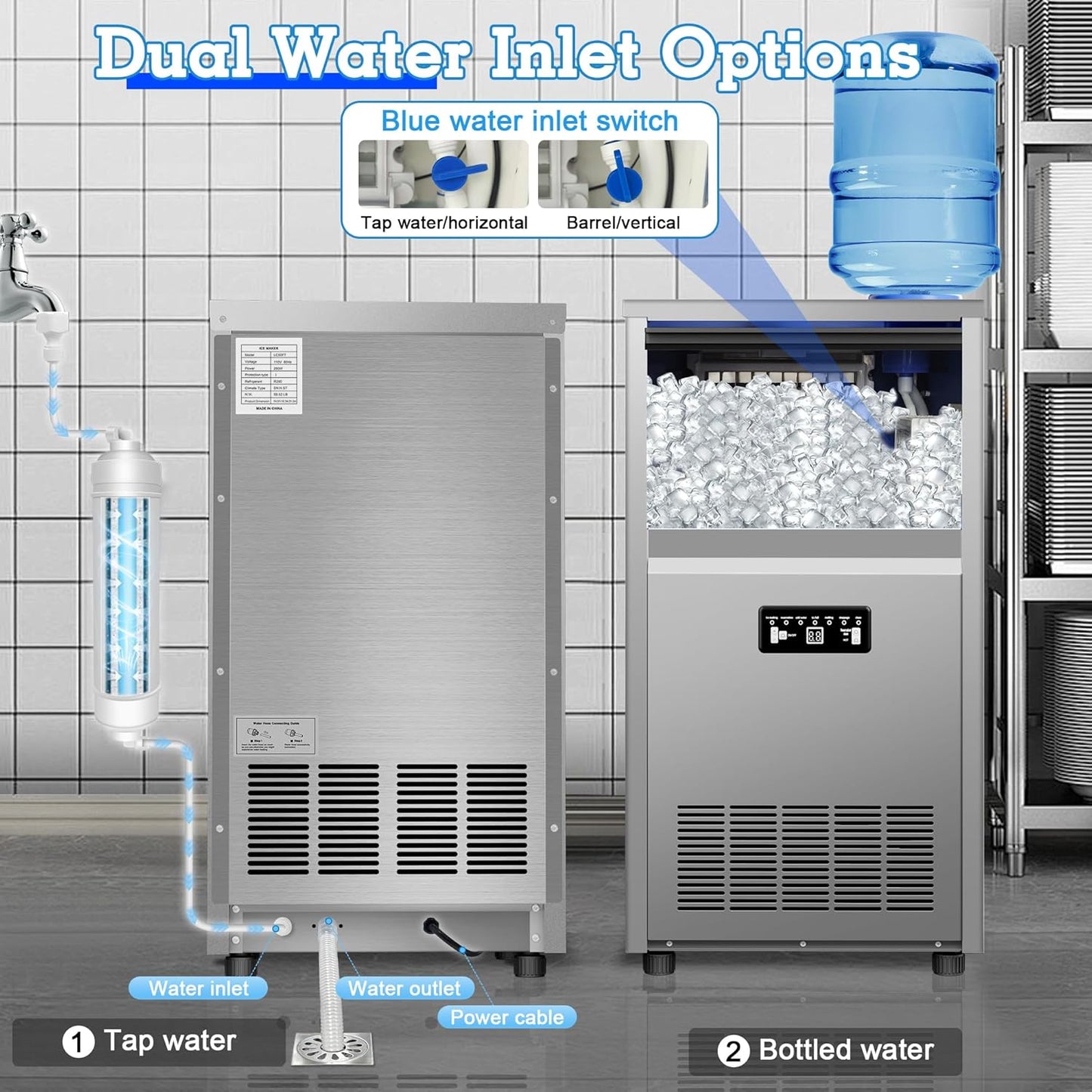 Commercial Ice Maker Machine 150lbs/24H with 30lbs Storage, Stainless Steel Undercounter/Freestanding Ice Machine 50Ice/Cycle 2 Water Inlet Modes Self-Cleaning for Homes Restaurants Bars