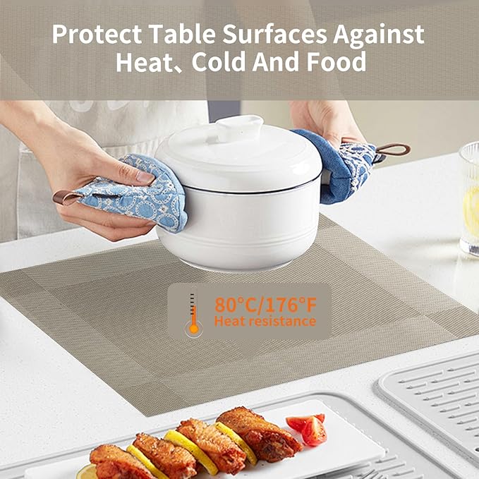 Silver Grey Placemats Set of 6-Durable PVC Vinyl Woven Place Mats for Dining Table Heat Resistant Non-Slip Washable Indoor/Outdoor Table Mats 12 x17 inch