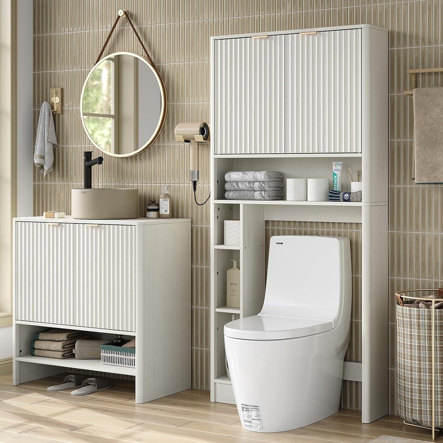 Furnideco Fluted Over The Toilet Storage Cabinet 31''W Modern Above Toilet Storage Cabinet with Fluted Doors & Adjustable Shelf for Bathroom, Antique White