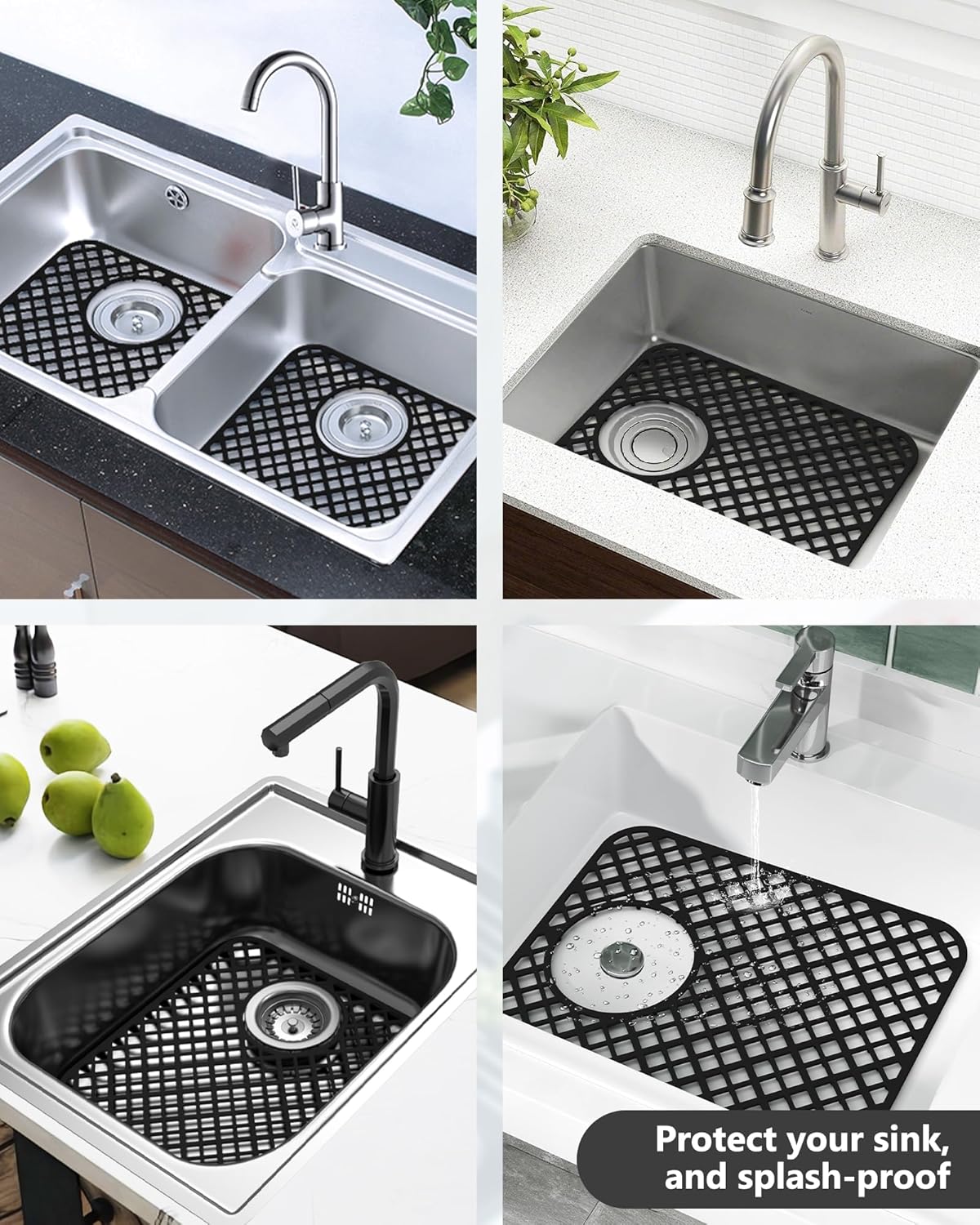 2 Pack Silicone Sink Protectors for Kitchen Sink, Lozenge Pattern 13 x 11 Inches Sink Mat, Non-Slip and Durable Sink Protector Silicone, Rear Drain, Black