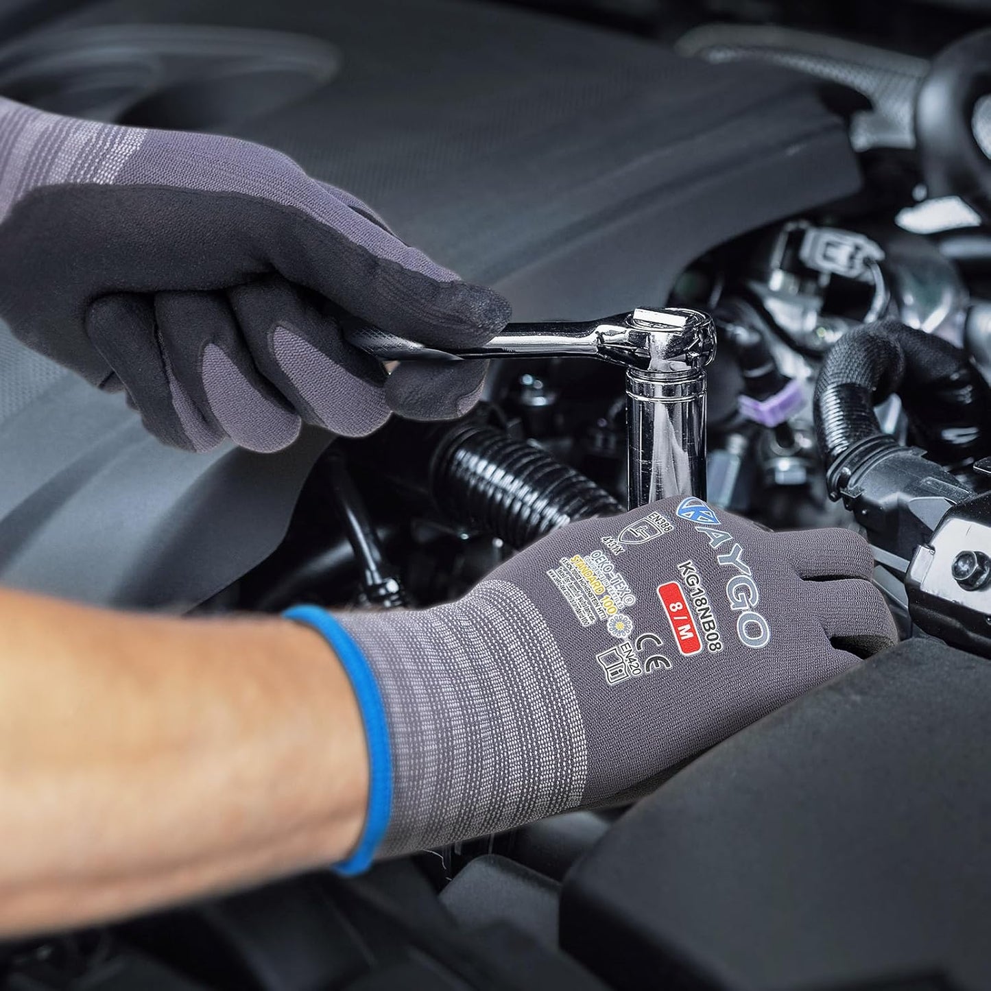 KAYGO Safety Work Gloves MicroFoam Nitrile Coated-12 Pairs, KG18NB,Seamless Knit Nylon Glove with Black Micro-Foam Nitrile Grip,Ideal for General Purpose,Automotive,Home Improvement