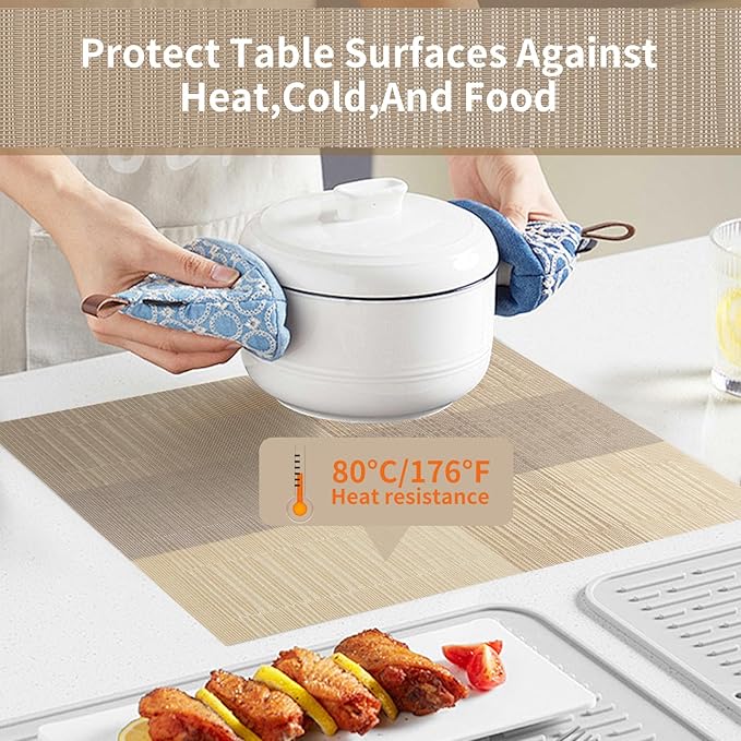 Champagne Modern Placemats Set of 8-Durable PVC Table placemats,Vinyl Woven Place Mats for Dining Table Heat Resistant Non-Slip Washable Indoor/Outdoor Table Mats 12 * 17 inch