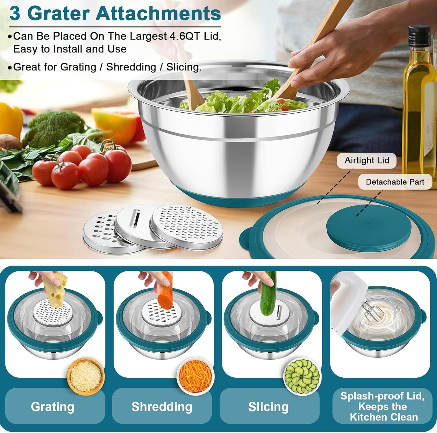 TeamFar Mixing Bowls with Colander Set, Stainless Steel Strainer and Nesting Salad Bowls, with Lids & 3 Graters, Non-Slip Bottom & Visible Lid, Rotatable & Dishwasher Safe, 4.6/3/1.5 QT, Blue