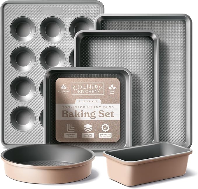 Country Kitchen Nonstick Stackable Bakeware Set - Durable, Easy Release Baking Set, Taupe, 6 Pcs